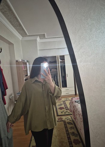 40 Beden haki Renk Kadın Keten Gömlek Salaş Kesim