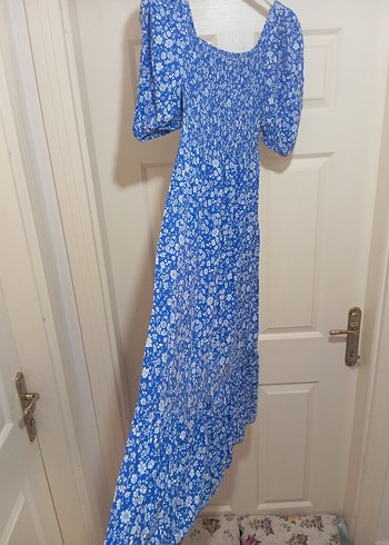 Batik Batik Mavi Çiçek Desenli Uzun Bohem Elbise