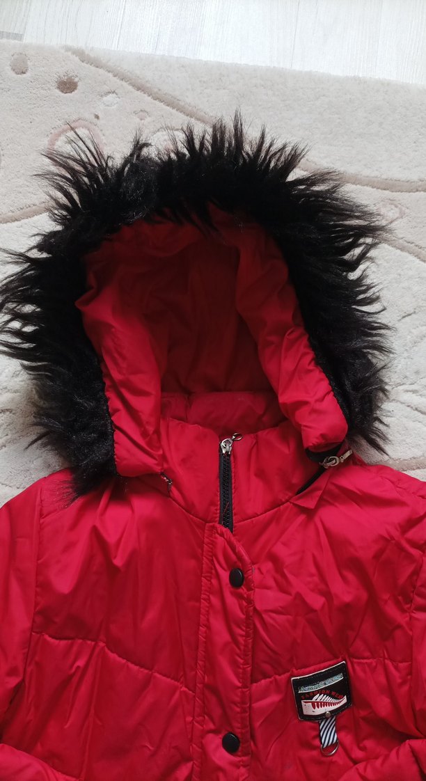 Kürklü Kapüşonlu Kırmızı çocuk Mont - Görsel 2