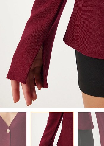 Bordo Süet Mini V Yakalı Düğmeli Hırka - Görsel 2