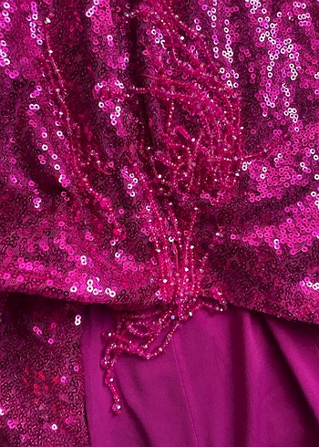 Pullu Pembe Uzun Abiye Elbise payetli - Görsel 7