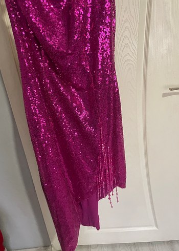 Pullu Pembe Uzun Abiye Elbise payetli - Görsel 4