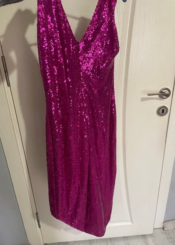 Pullu Pembe Uzun Abiye Elbise payetli - Görsel 3