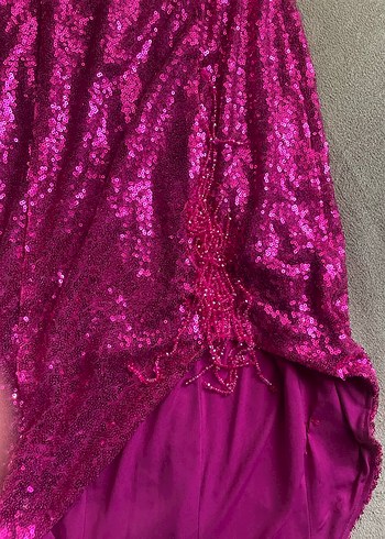 Pullu Pembe Uzun Abiye Elbise payetli - Görsel 5