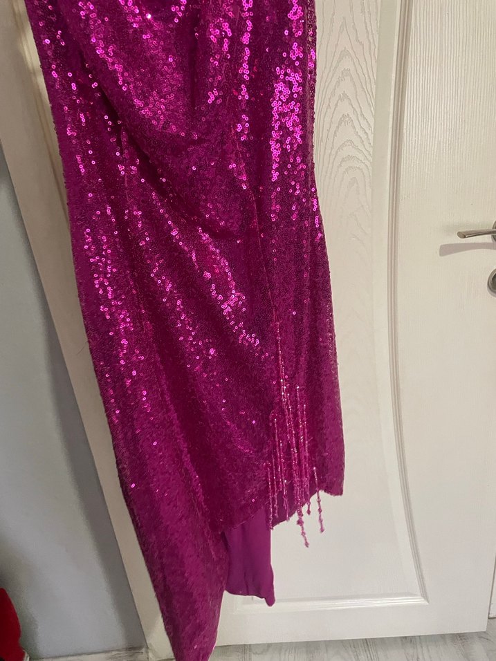 Pullu Pembe Uzun Abiye Elbise payetli - Görsel 4