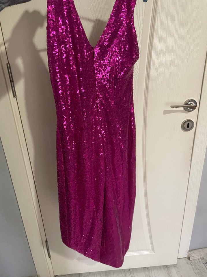 Pullu Pembe Uzun Abiye Elbise payetli - Görsel 3