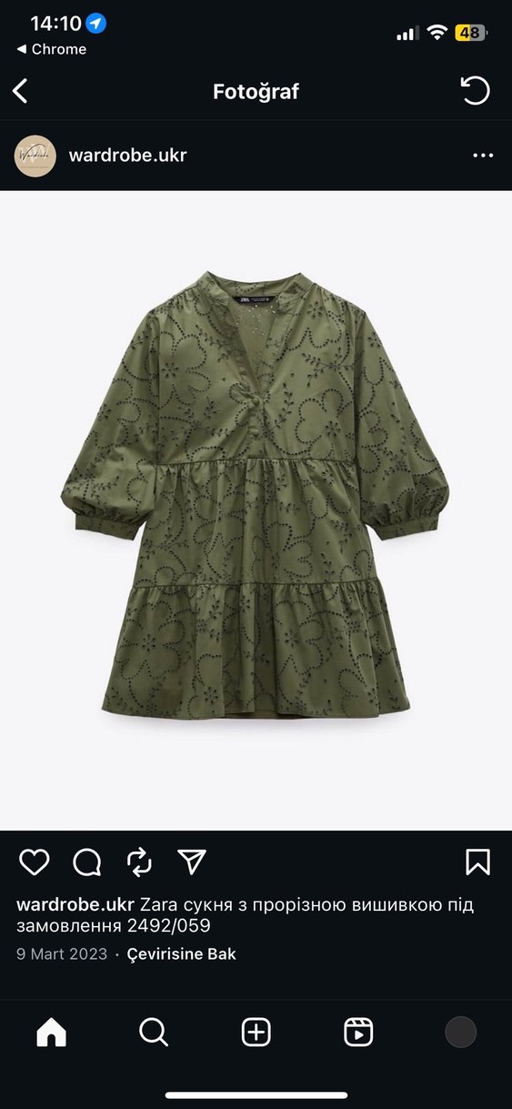 Nakışlı V Yaka Khaki Mini Elbise Zara kadın - Görsel 2