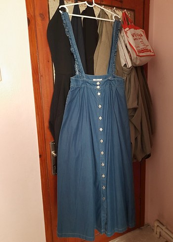 Düğmeli Uzun Mavi Kot Etek