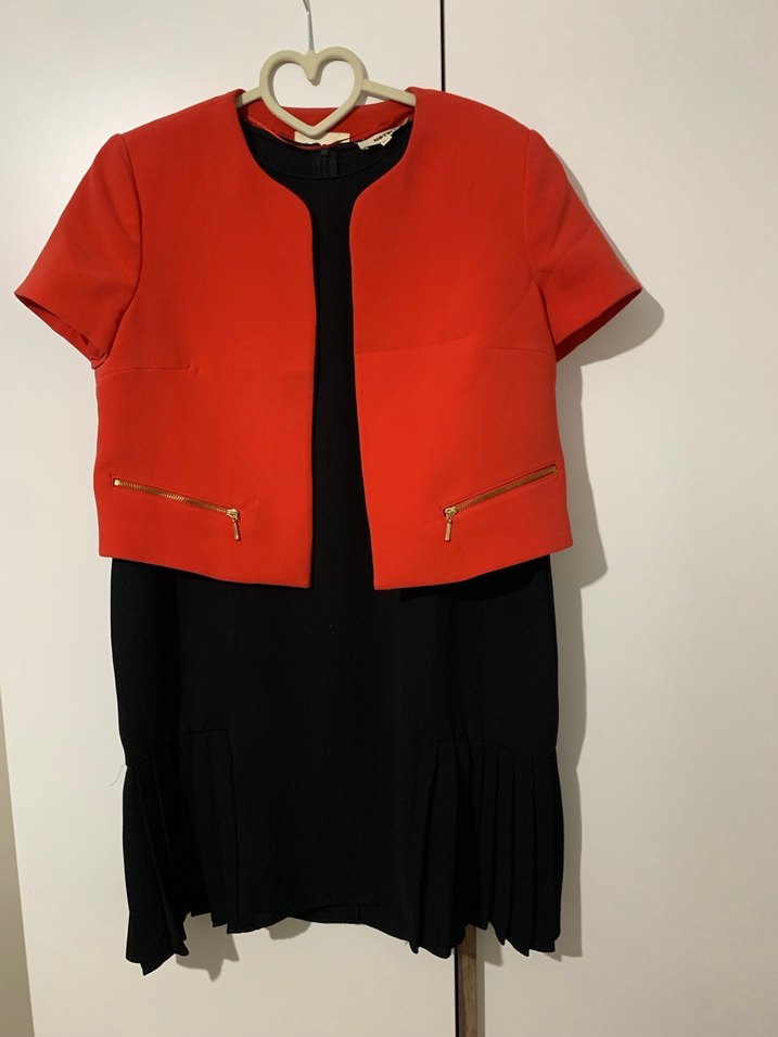 Kısa Kırmızı Kadın Ceket, Kısa Kollu, Pilili - Görsel 2