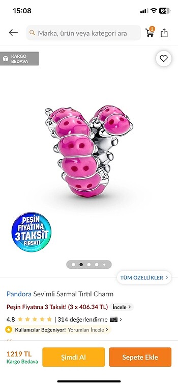  Beden Pandora tırtıl charm