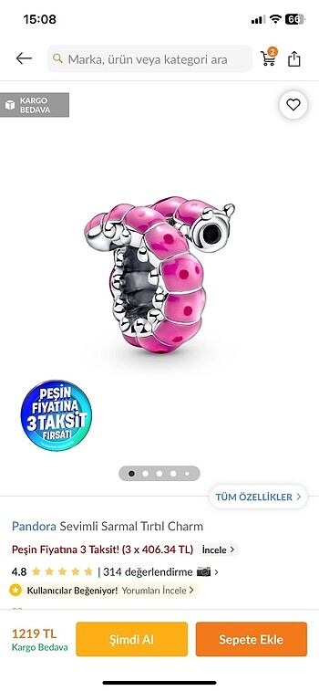  Beden pembe Renk Pandora tırtıl charm