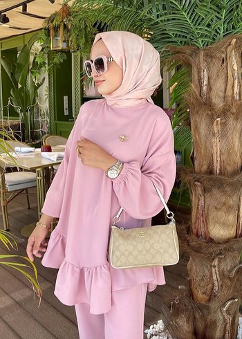 Pembe Salaş Mini Tunik - Bağlama Desenli