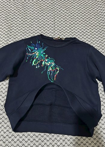 Nakışlı Kadın Koyu Mavi Mini Sweatshirt - Görsel 5