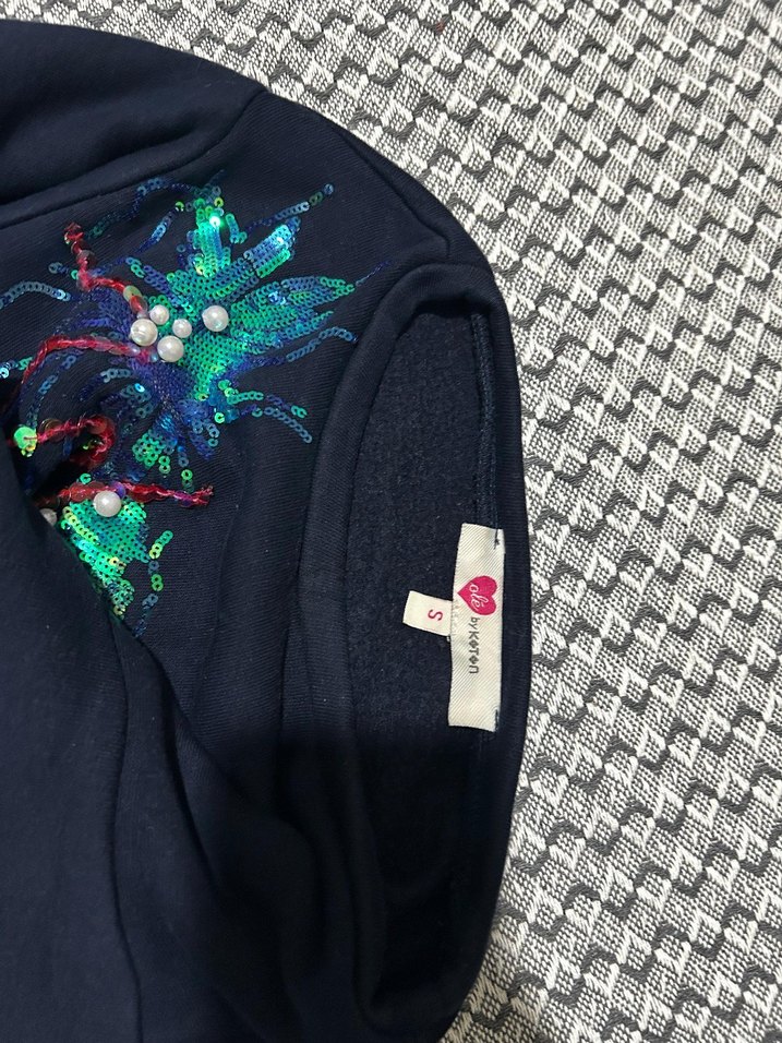 Nakışlı Kadın Koyu Mavi Mini Sweatshirt - Görsel 3