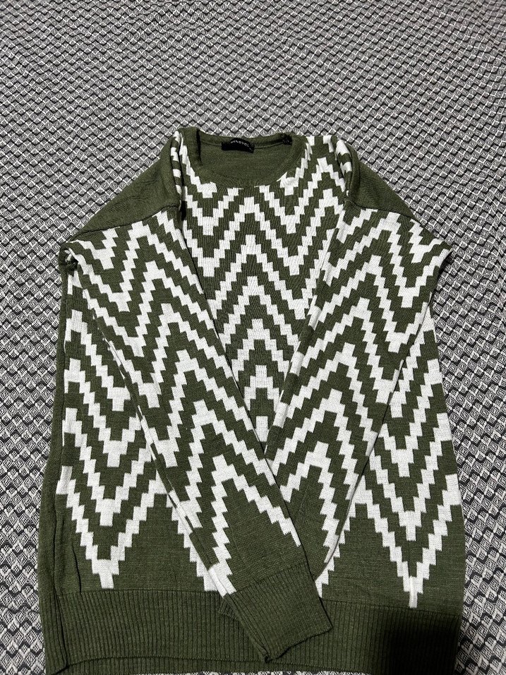 Yeşil Gri Desenli Kadın Triko Kazak - Görsel 2