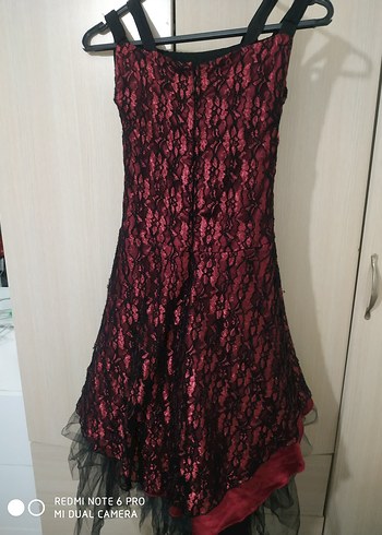 12-13 Yaş Beden Bordo Dantelli Straplez Midi Gotik Abiye