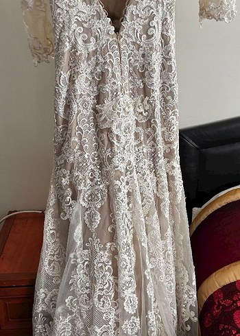 Bej Dantel İşlemeli Uzun Denizkızı Gelinlik - Görsel 8