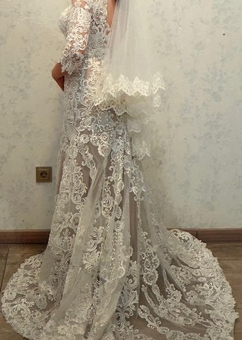 Bej Dantel İşlemeli Uzun Denizkızı Gelinlik - Görsel 5