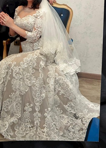 Bej Dantel İşlemeli Uzun Denizkızı Gelinlik - Görsel 6