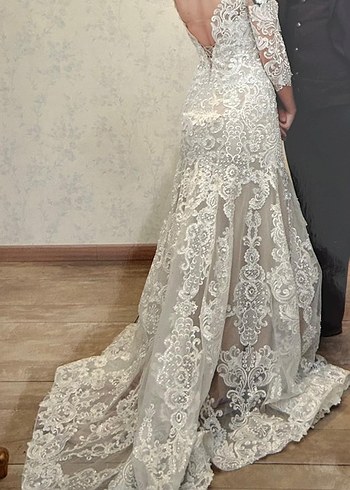 Bej Dantel İşlemeli Uzun Denizkızı Gelinlik - Görsel 7