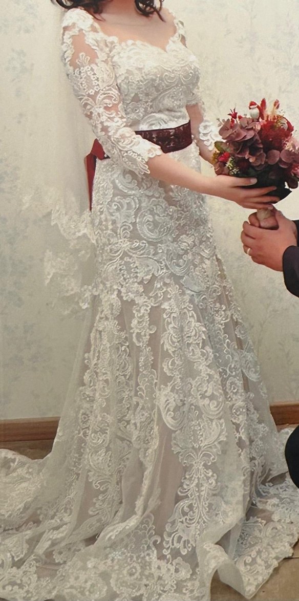 Bej Dantel İşlemeli Uzun Denizkızı Gelinlik - Görsel 4