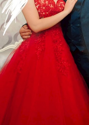 Kırmızı Dantel İşlemeli V Yaka Midi Abiye - Görsel 7