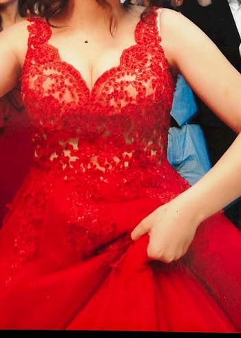 Kırmızı Dantel İşlemeli V Yaka Midi Abiye - Görsel 5