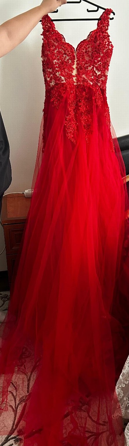 Kırmızı Dantel İşlemeli V Yaka Midi Abiye - Görsel 4