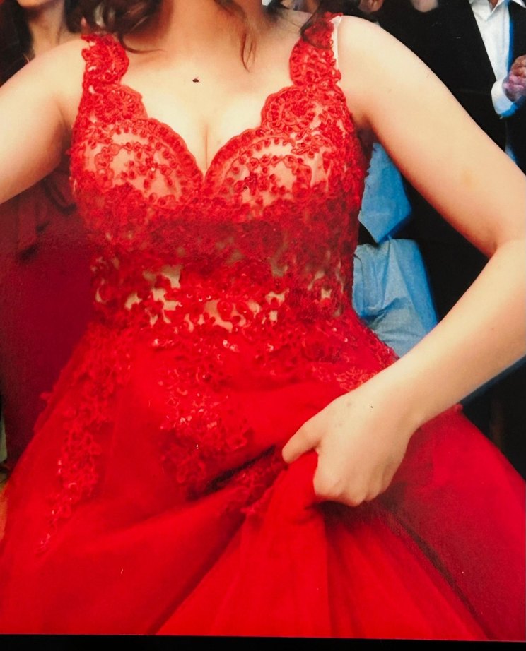 Kırmızı Dantel İşlemeli V Yaka Midi Abiye - Görsel 5