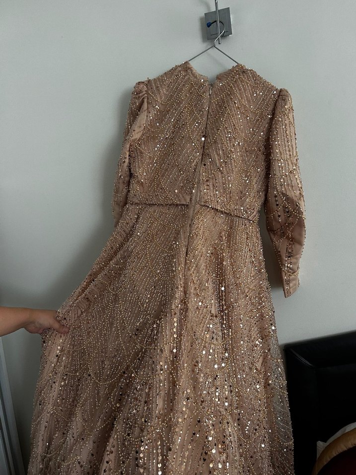 Uzun Kollu V Yaka Bej Payetli Abiye Elbise - Görsel 2