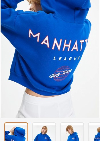 Mavi Kapüşonlu Rahat Kesim Kadın Sweatshirt - Görsel 2