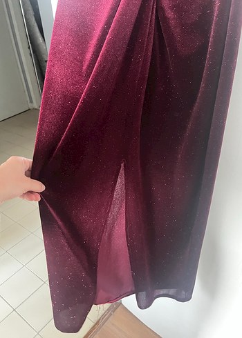 Bordo Drapeli Uzun Kadın Elbise - Görsel 4