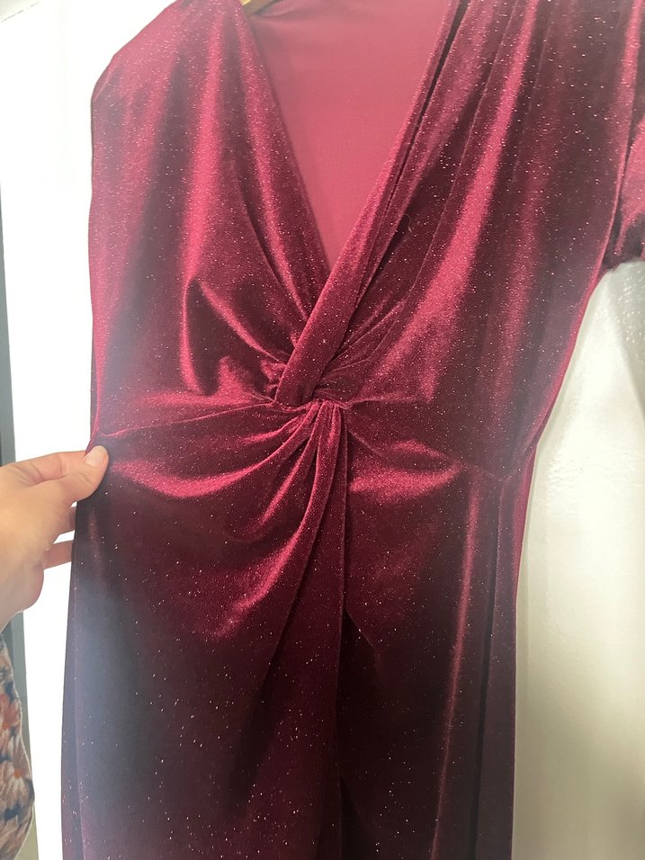 Bordo Drapeli Uzun Kadın Elbise - Görsel 3