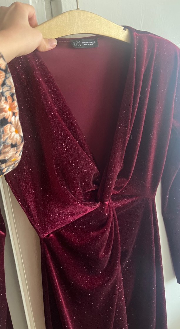 Bordo Drapeli Uzun Kadın Elbise - Görsel 5