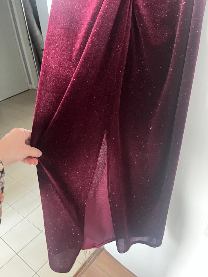 Bordo Drapeli Uzun Kadın Elbise - Görsel 4