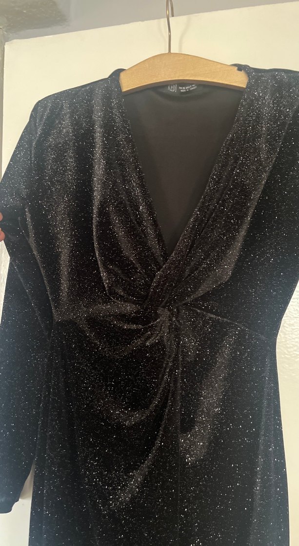 Uzun Kollu Siyah Drapeli Kadın Abiye Elbise - Görsel 3