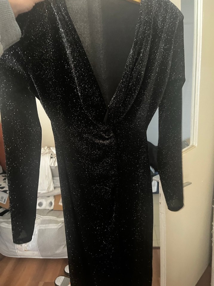 Siyah Drapeli V Yakalı Midi Elbise - Görsel 3