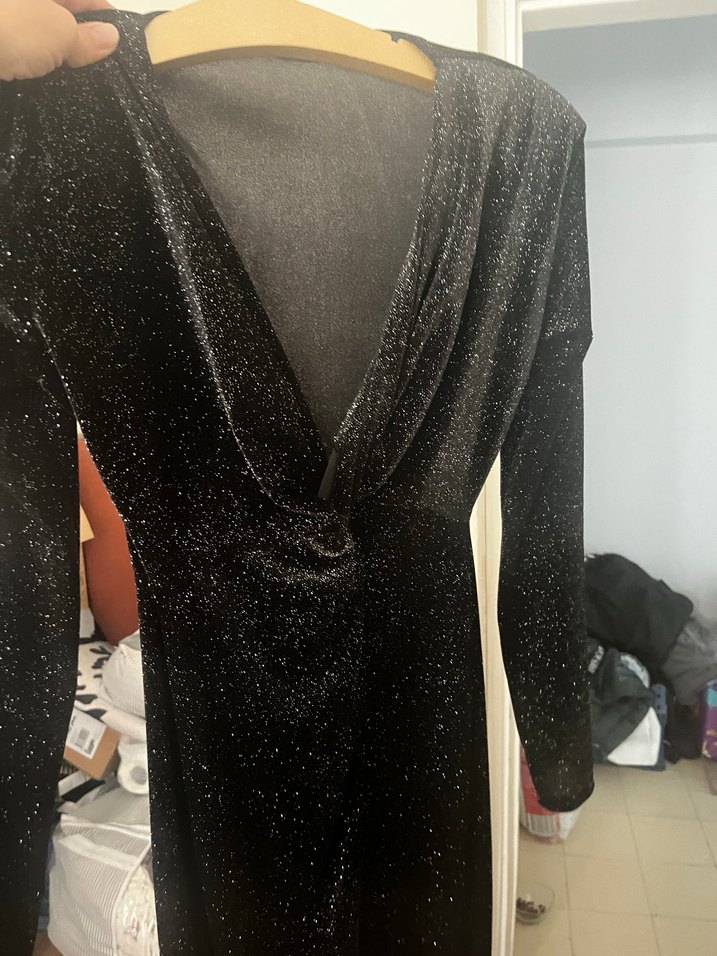 Siyah Drapeli V Yakalı Midi Elbise - Görsel 2