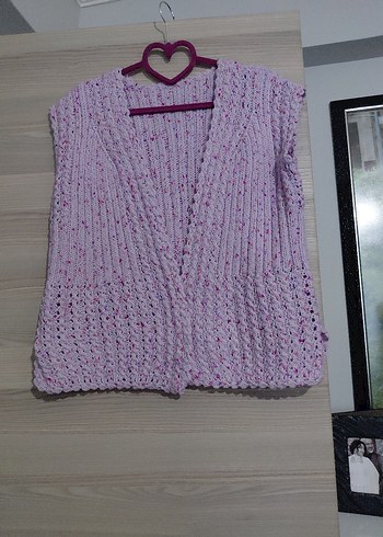 Pembe V Yaka Kısa Örgü Kadın Yelek - Görsel 2