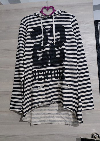 Gri Zebra Desenli Kapüşonlu Kadın Sweatshirt - Görsel 2