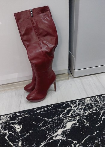 Bordo Deri Kadın İnce Topuklu Çizme - Görsel 2