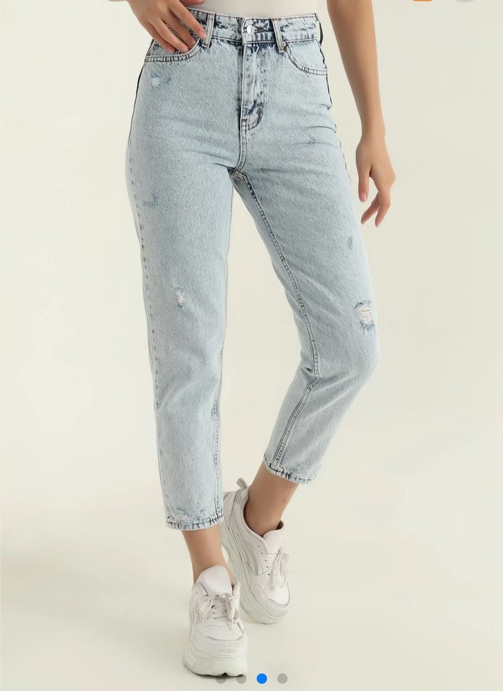 Buz Mavisi Lazer Detay Mom Kadın Kot Pantolon - Görsel 3