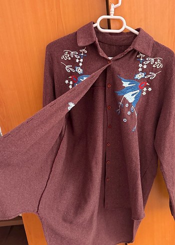 Bordo Nakışlı Bohem Uzun Kollu Gömlek - Görsel 3