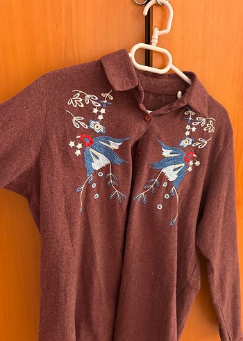 Bordo Nakışlı Bohem Uzun Kollu Gömlek - Görsel 2