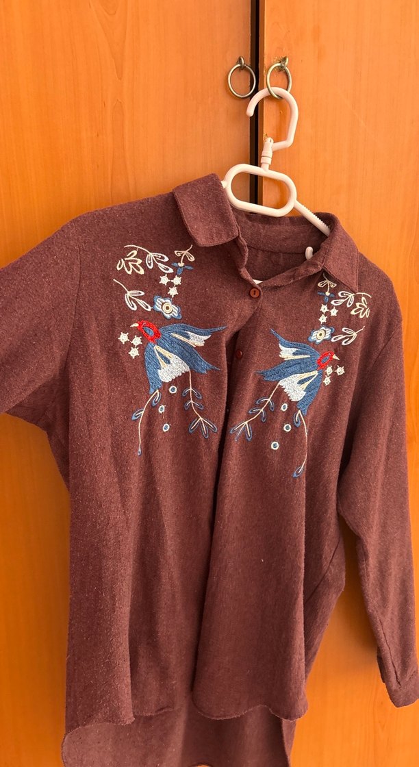 Bordo Nakışlı Bohem Uzun Kollu Gömlek - Görsel 2