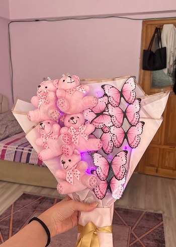 Pembe Peluş Ayıcık ve Kelebek Buketi - Görsel 2