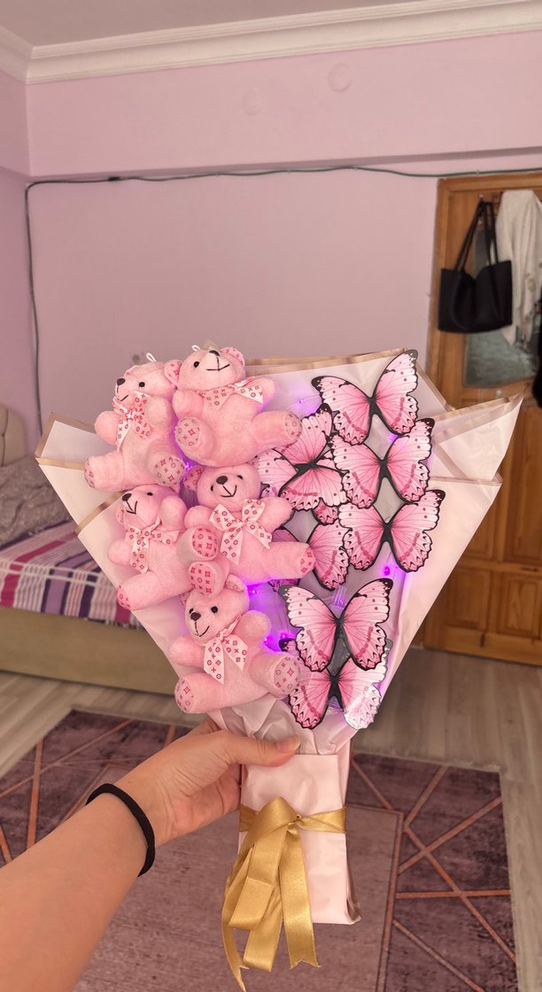 Pembe Peluş Ayıcık ve Kelebek Buketi - Görsel 2