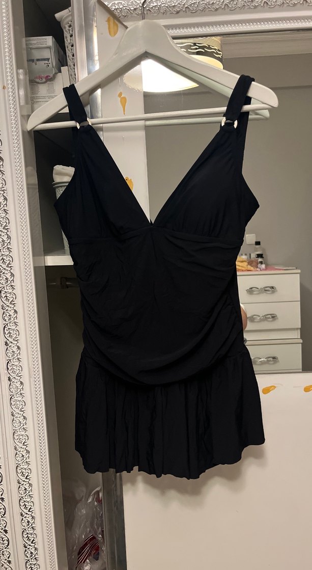 Drapeli Siyah Midi Kadın Mayo - Görsel 2