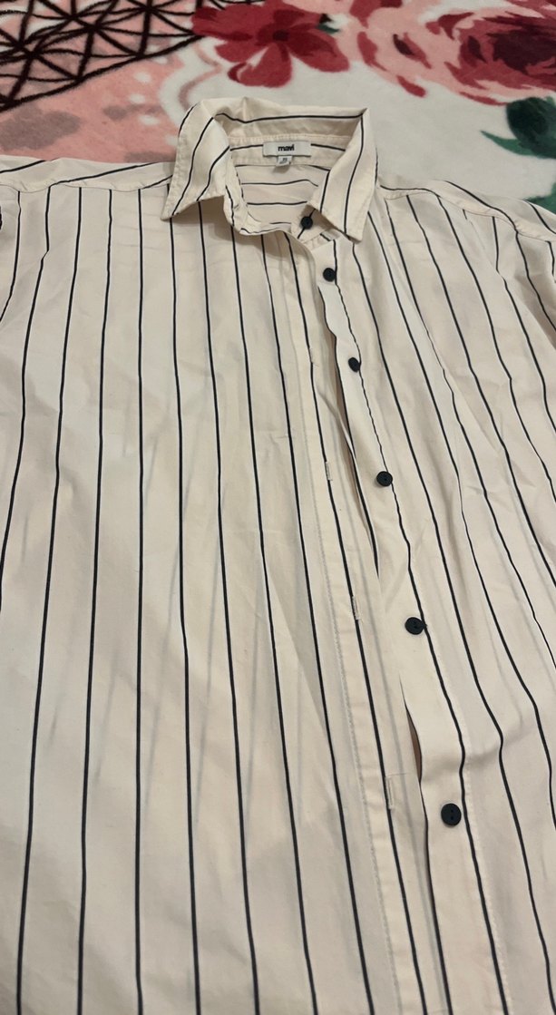 Kadın Beyaz Çizgili Pamuklu Gömlek - Görsel 2