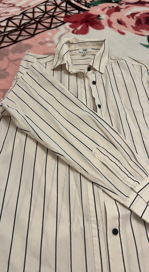 Kadın Beyaz Çizgili Pamuklu Gömlek - Görsel 3